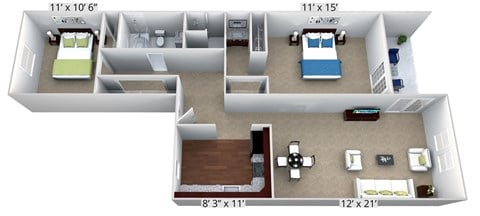 Floor plan for 2 beds, 2 baths, 873 sqft